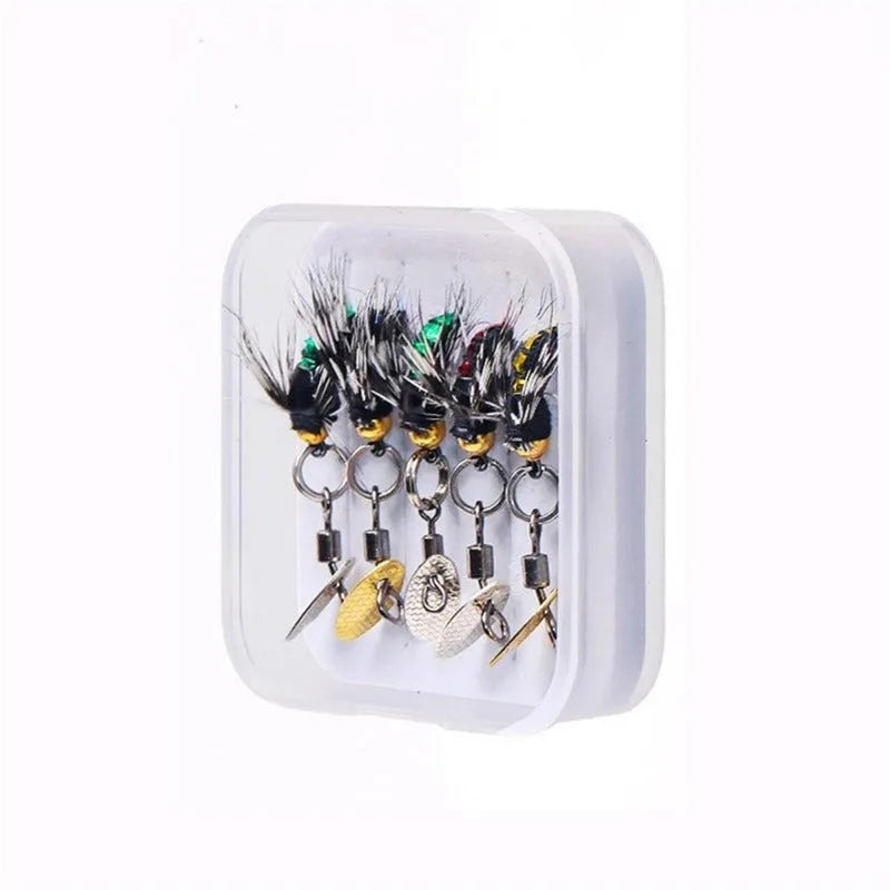 Five bionic poisonous mosquito fishing hooks with spinning sequins in multicolour designs