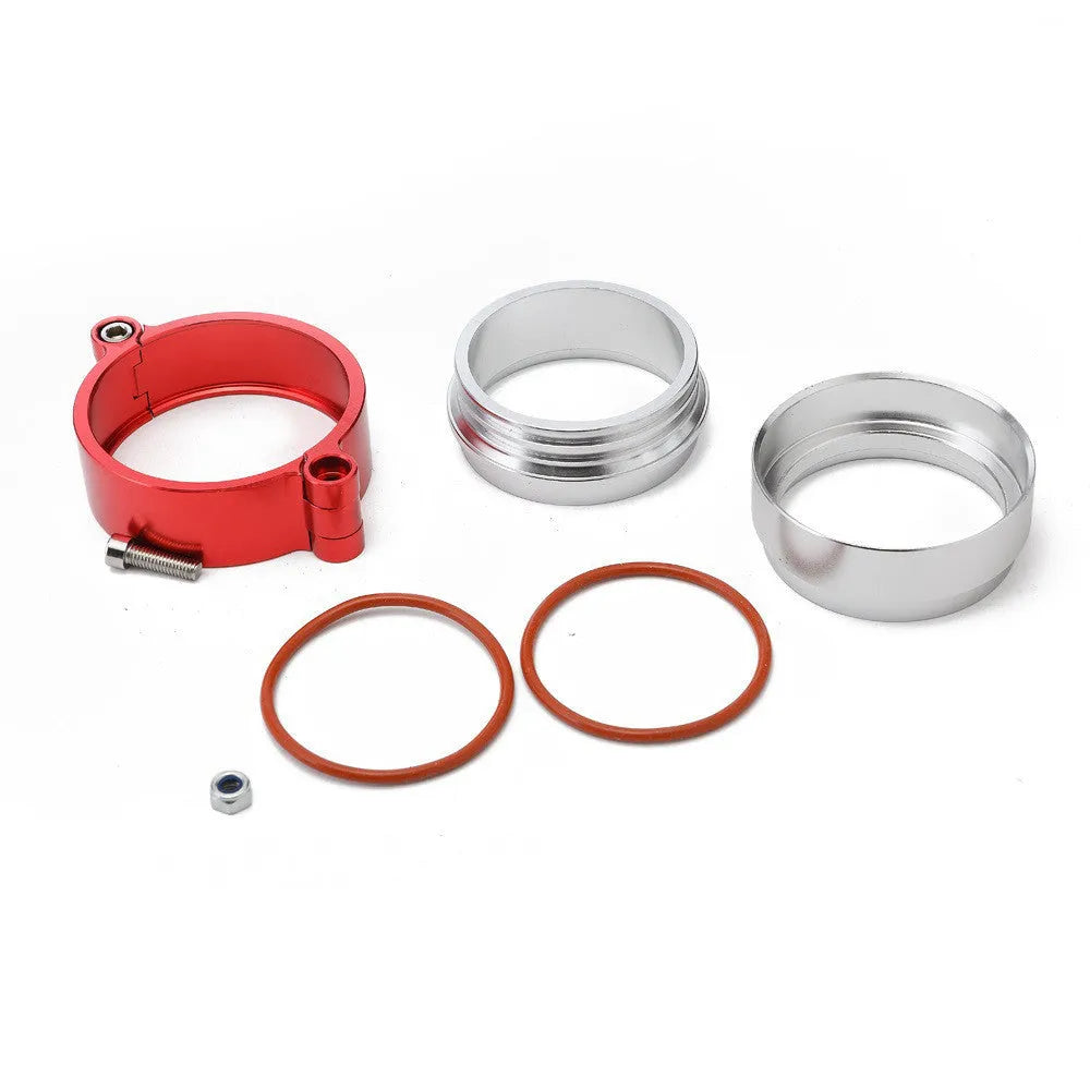 Aluminium car exhaust clamp in black on a 3-inch turbo downpipe