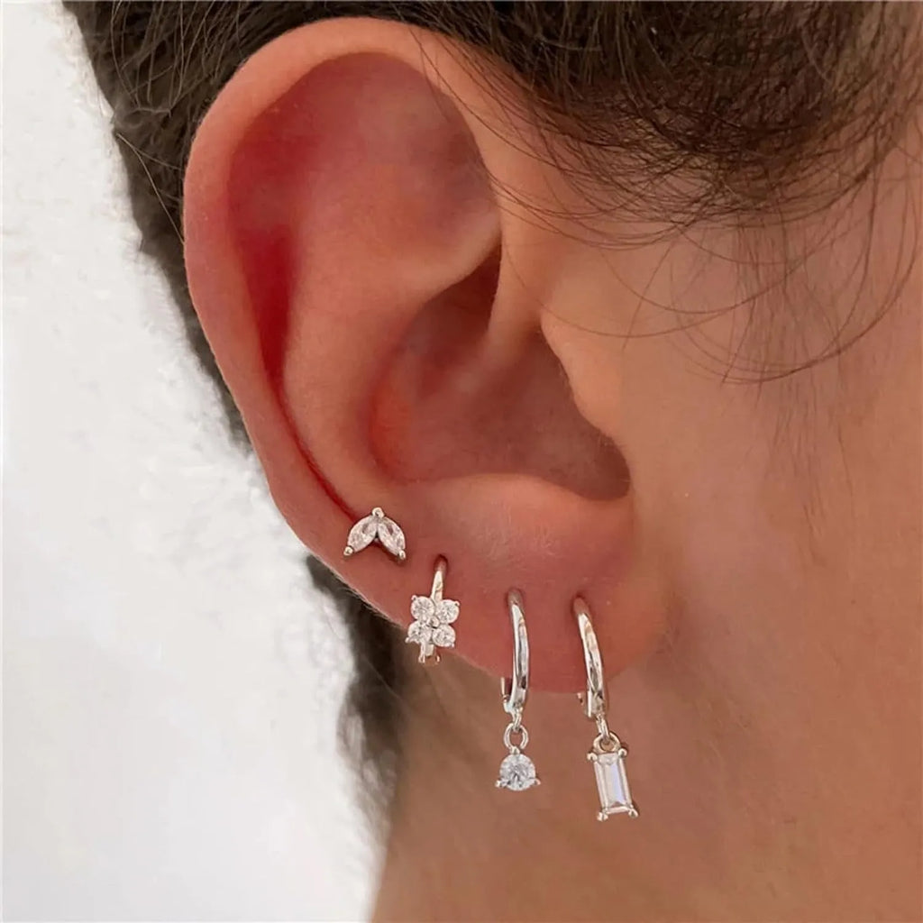 Geometric square zircon four-piece earrings set in gold or silver electroplated finish on copper