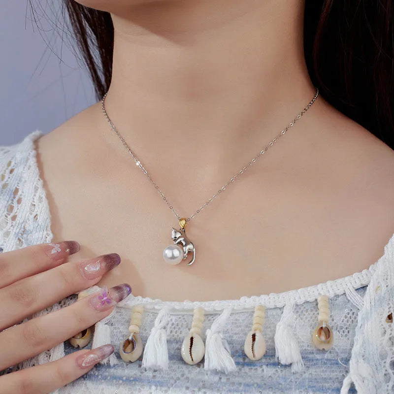 925 sterling silver clavicle chain necklace with cat charm pendant and electroplated finish