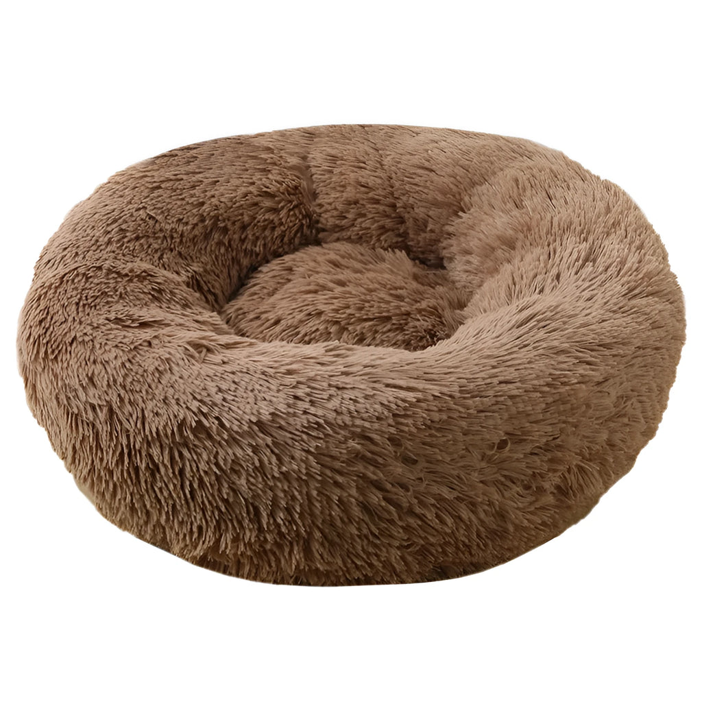 Round plush pet bed in geometric blue colour for dogs and cats, size 60cm