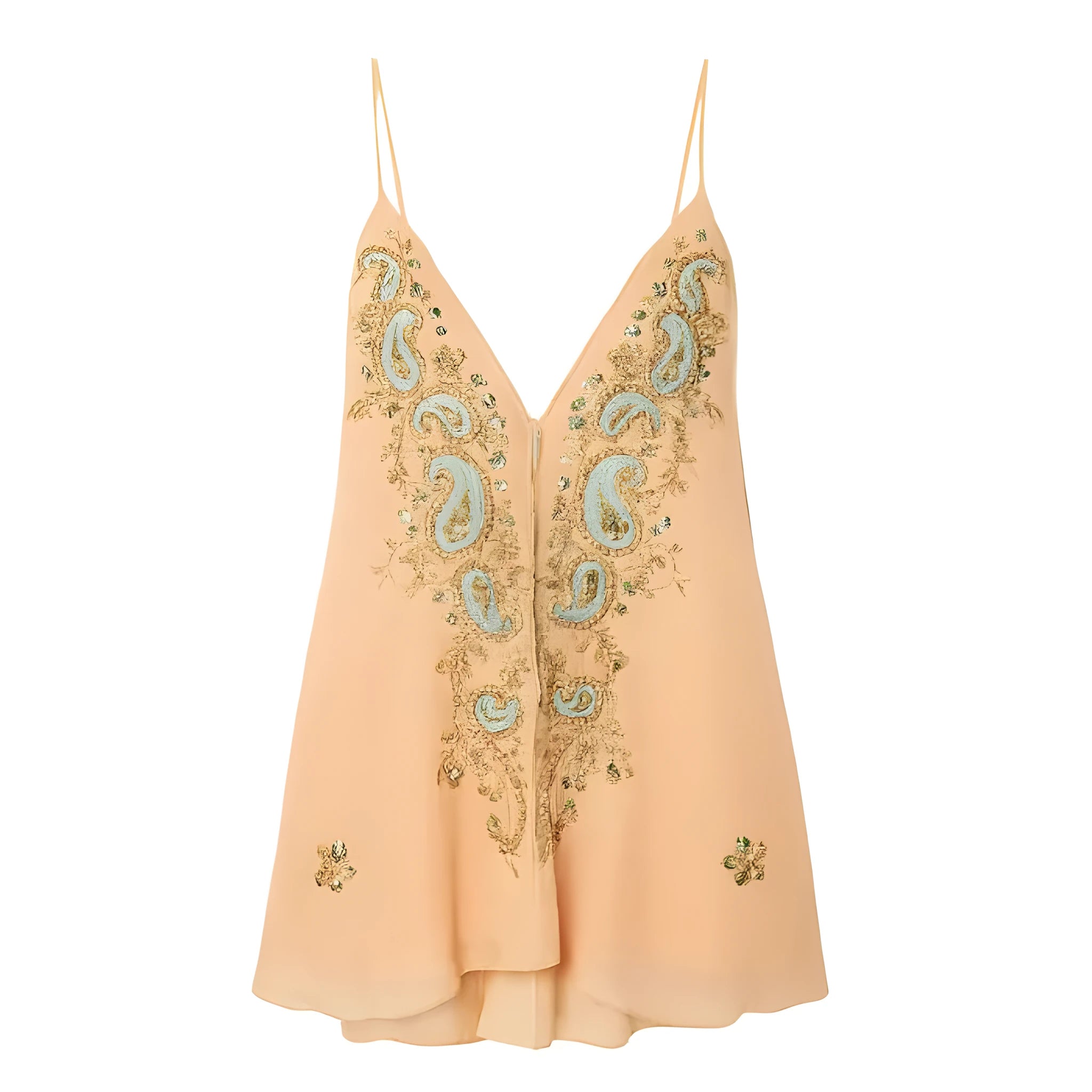 Light yellow women's ethnic print strap skirt with V-neck and sleeveless design.
