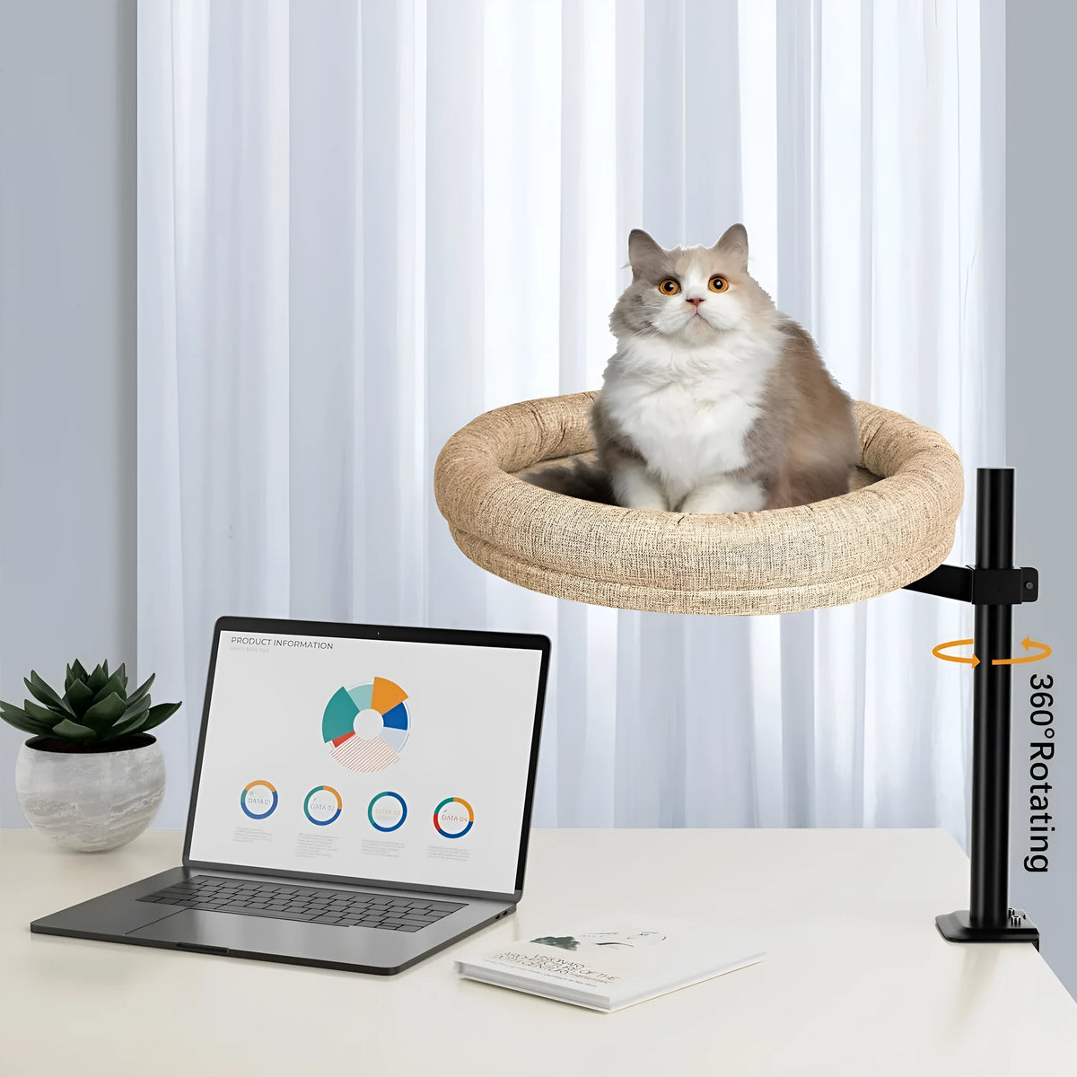 Round cloth cat nest with rotating base and adjustable height, available in brown or gray colour options