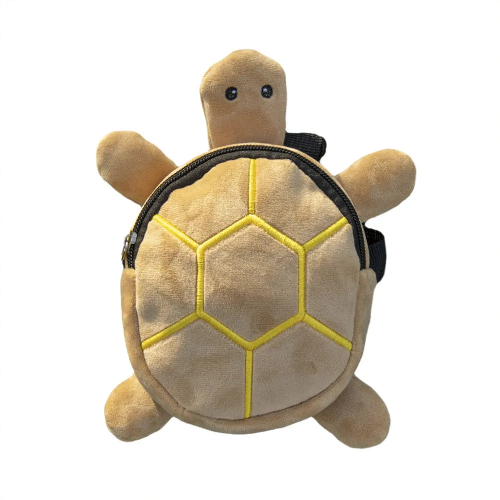 Cartoon turtle shape dog backpack with harness, brown colour, showing metal zipper and storage compartment