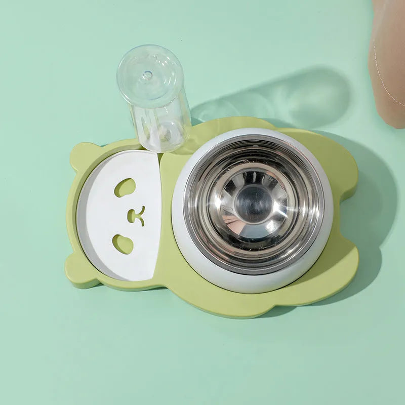 Grey pet bowl set with automatic water dispenser and tilted stainless steel feeding bowls