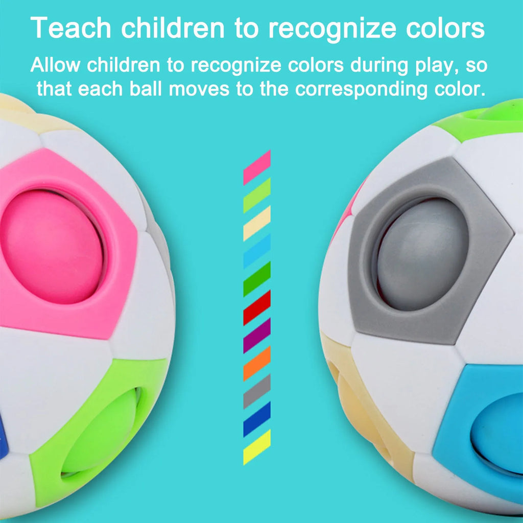 A 5.5 cm diameter rainbow-coloured plastic puzzle ball with a hexagon pattern.
