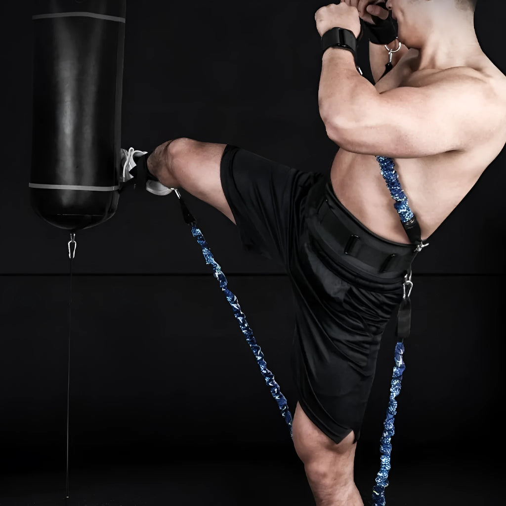 Chest expander elastic fitness belt with red, blue, black, and green sleeves indicating different resistance levels.