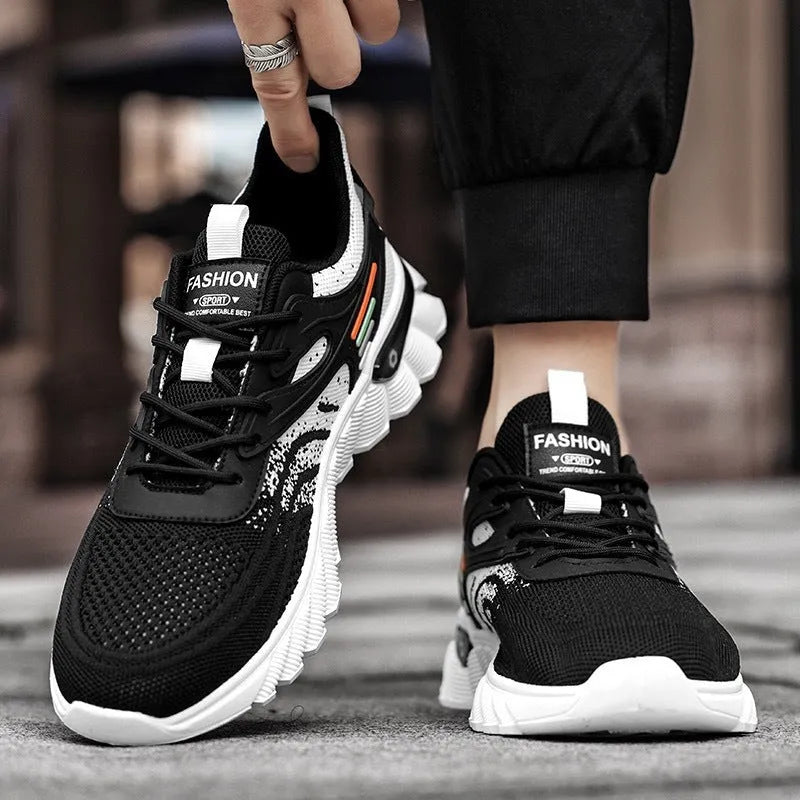 Men's white blue platform casual sports shoes with cross shoulder straps and mesh upper