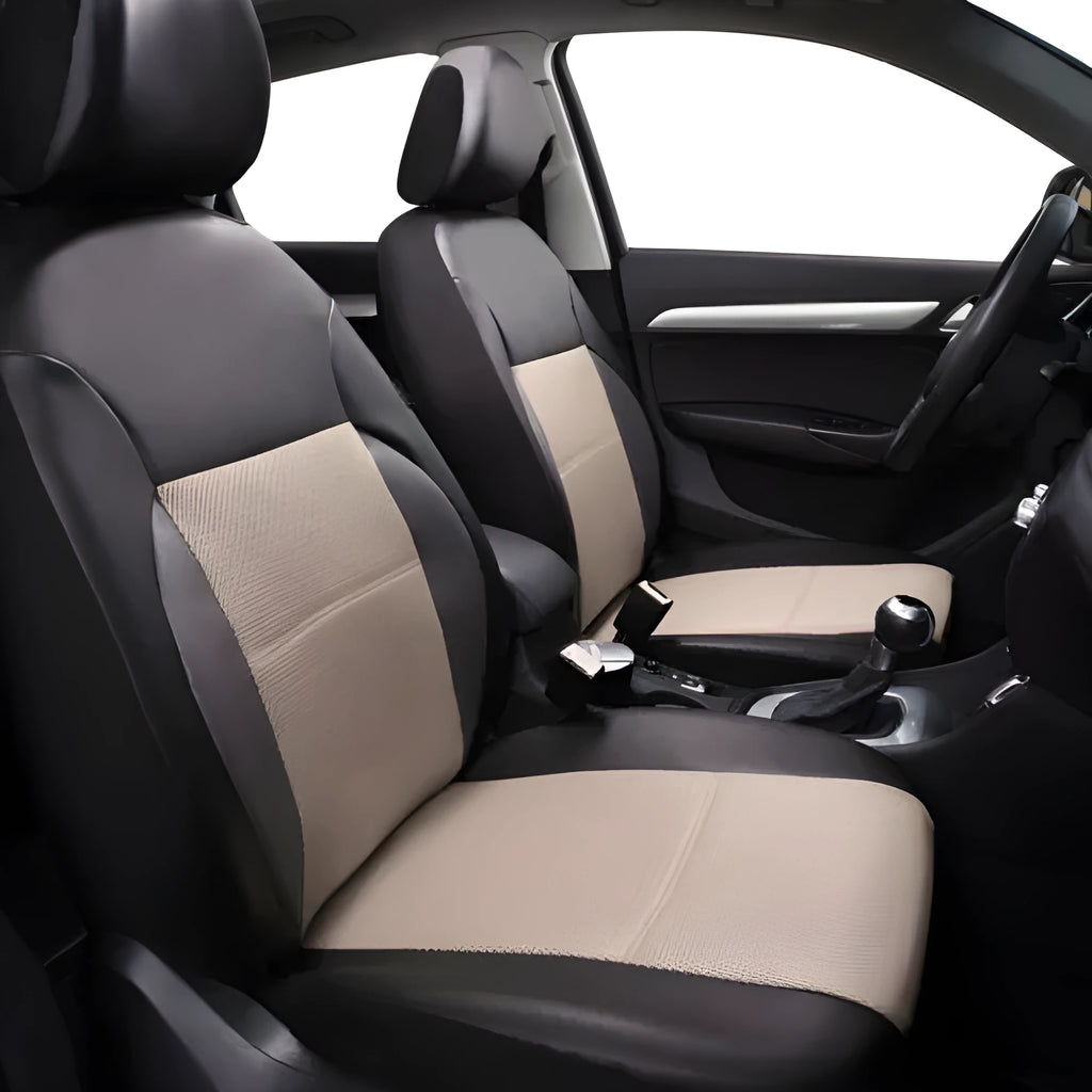 Artificial leather car seat cover set in black showing front seat and headrest pieces