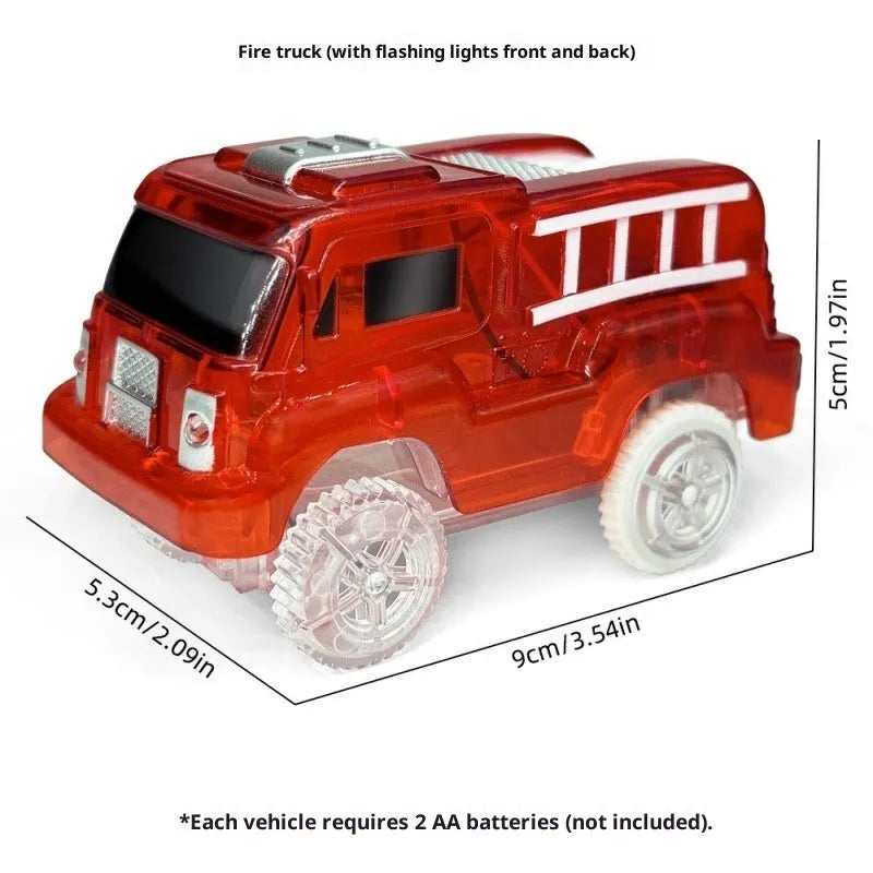 Red electric fire truck rail car with front and rear lights on toy track