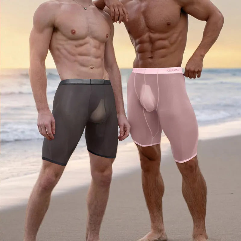 Men's black seamless mesh home shorts with knitted nylon construction and hip-lifting fit