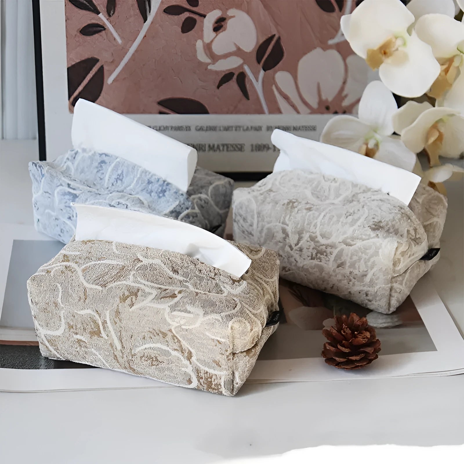 Chinese pastoral style cotton tissue box with rose print in beige, blue, or brown.