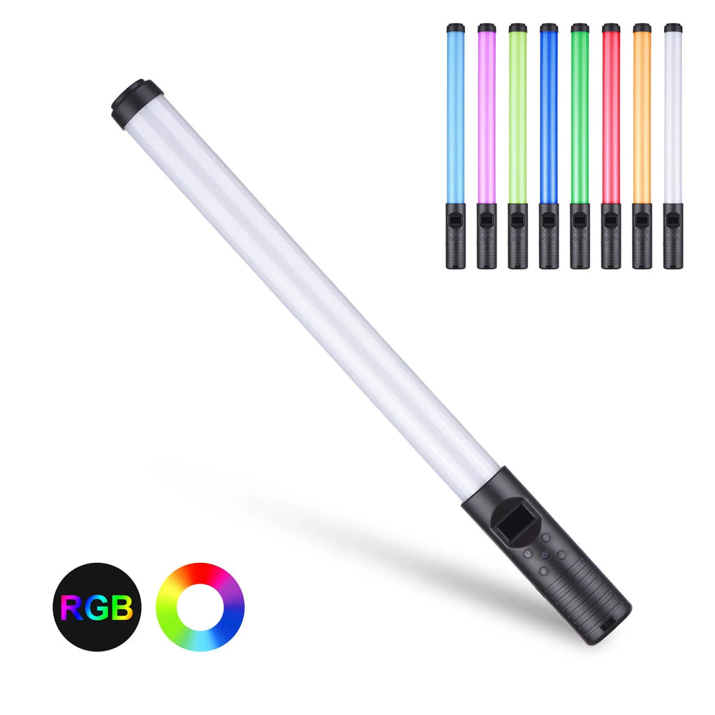 Handheld LED photography light stick showing adjustable colour temperature and a 1/4 inch tripod mount thread.
