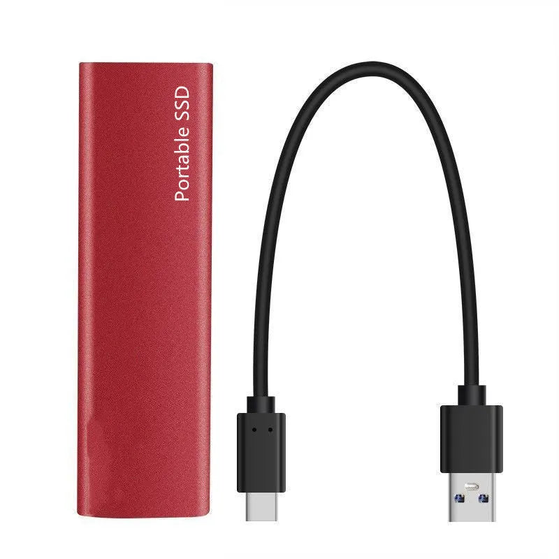 External mobile SSD hard drive with ultra-thin metal casing showing red interface connector
