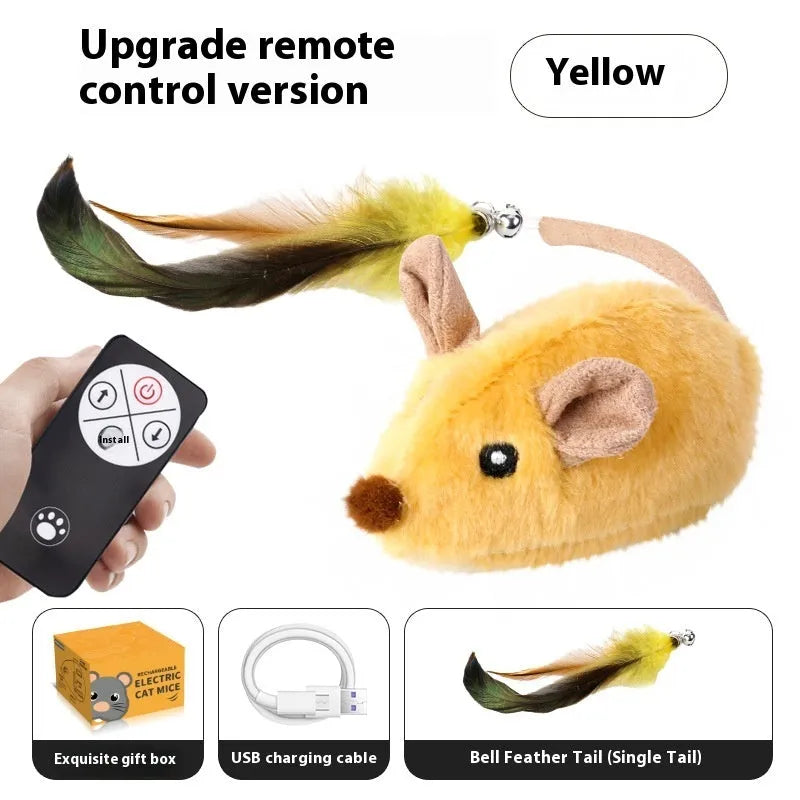 Grey and yellow electronic charging simulation mouse cat toy with feather tail decorations.