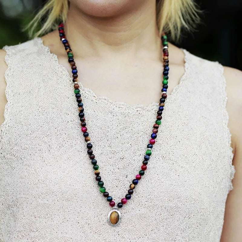Natural stone 108 pendant meditation necklace with tiger-eye colour gemstones and symbolic designs