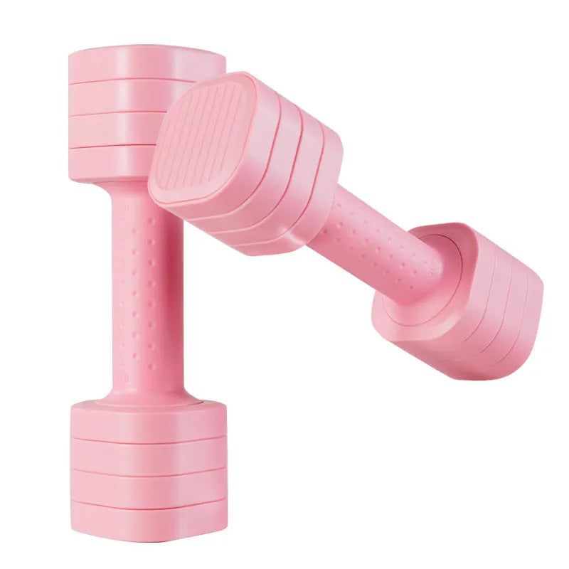 Pink, blue, black, and purple detachable 5 lb dumbbell set for women's fitness.