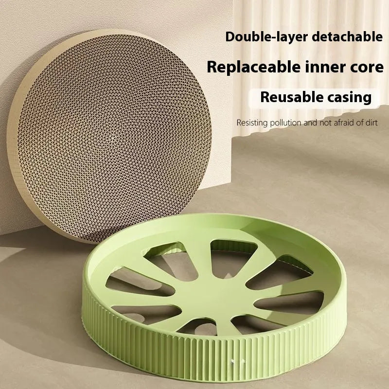 Round green cat scratching board nest with corrugated cardboard surface and two spare refills.