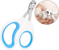 Blue pet nail clippers with a circular guide hole and cushioned handles on a white surface.