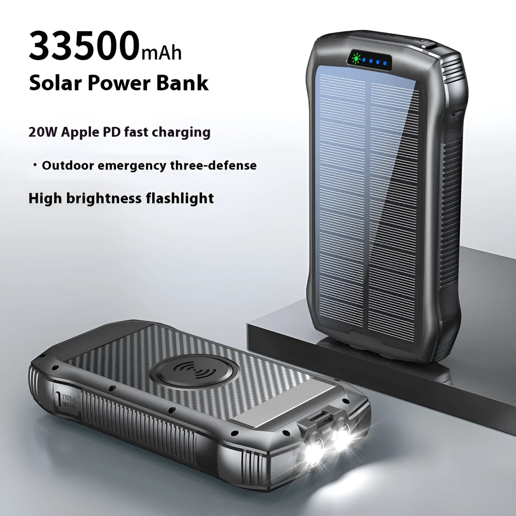 33500mAh portable solar power bank in black with plastic shell and LED light