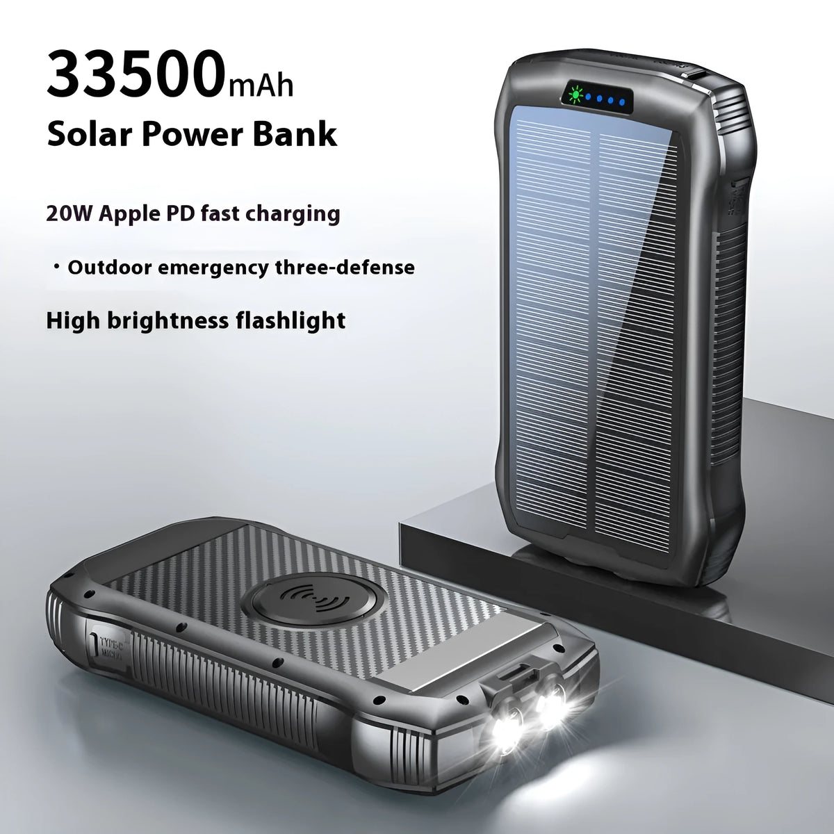 33500mAh portable solar power bank in black with plastic shell and LED light
