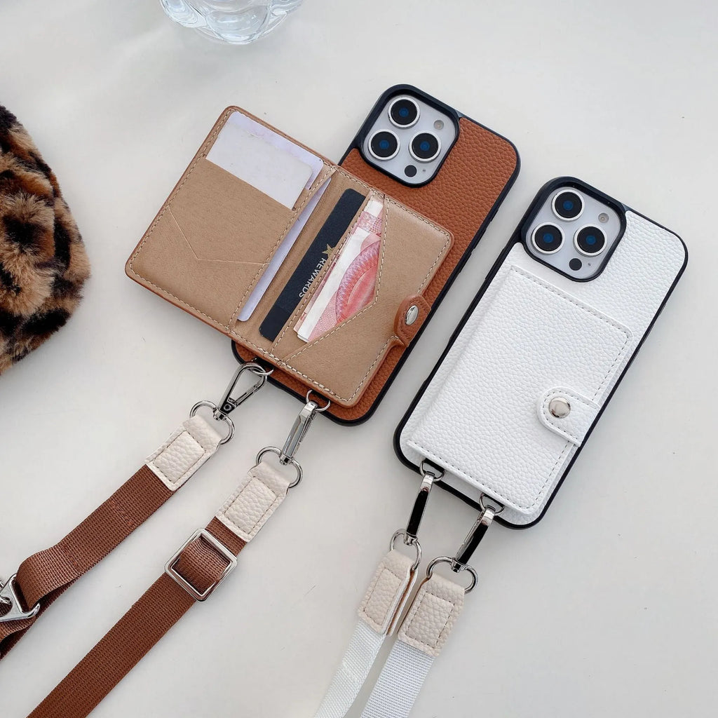 PC leather phone case with card holder slot and lanyard loop for Apple iPhone, shown in black.