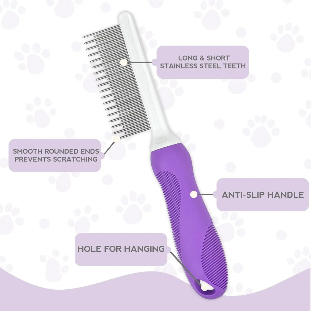 Purple pet detangling comb with stainless steel teeth for cat and dog grooming