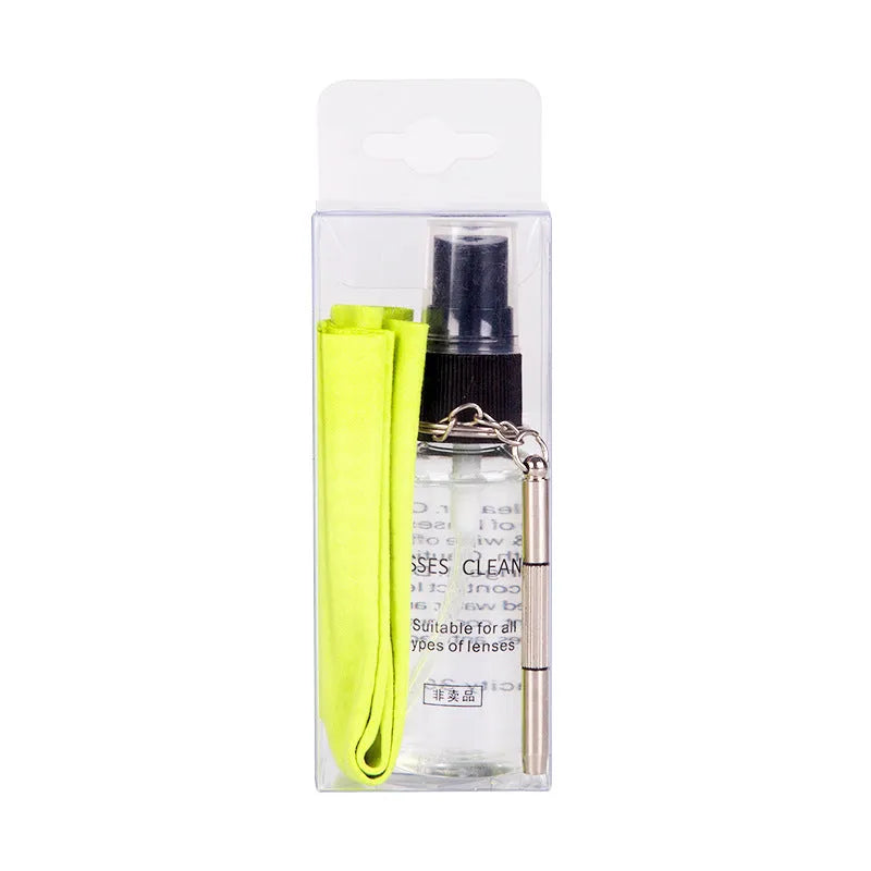 Three-piece glasses cleaning kit with 30ml cleaning agent, lens cloth, and screwdriver