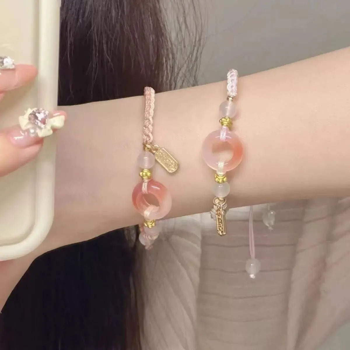 National style peach blossom patterned woven bracelet with peace buckle closure in three colour options