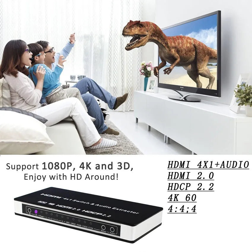 Black HDMI video switch with four input ports, remote control, and 10-metre cable for audio-visual setups