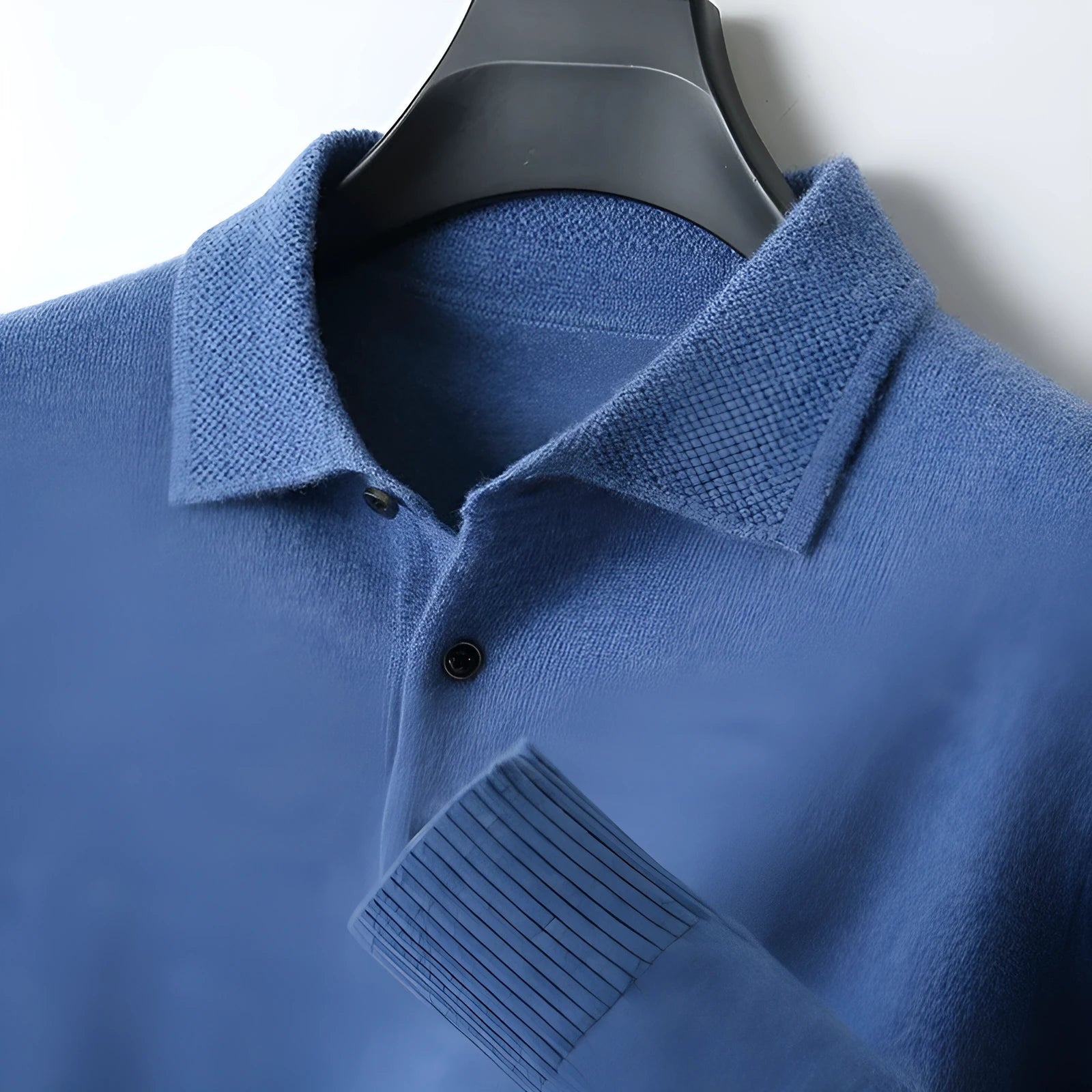 Men's wool pullover sweater with a polo collar in various colours on a size chart background.