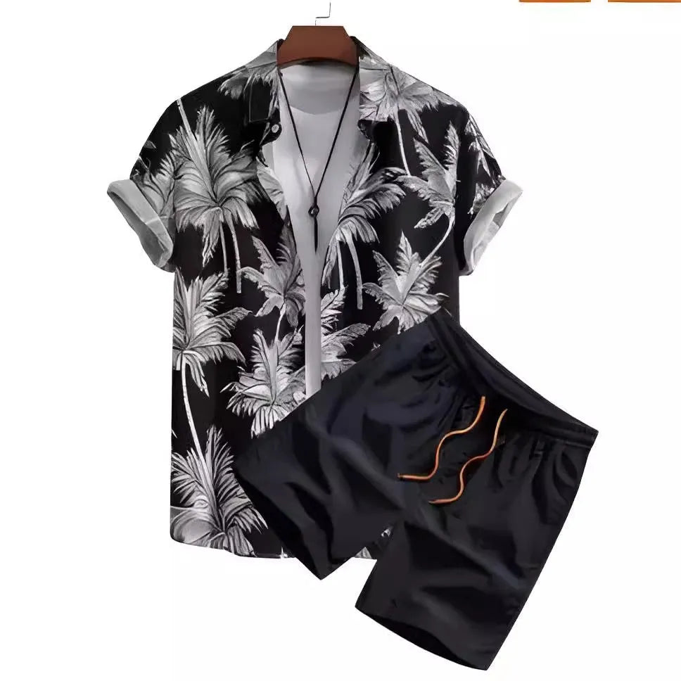 Black and white striped Hawaiian men's pullover shirt and shorts set on a model, loose fit, short sleeves.