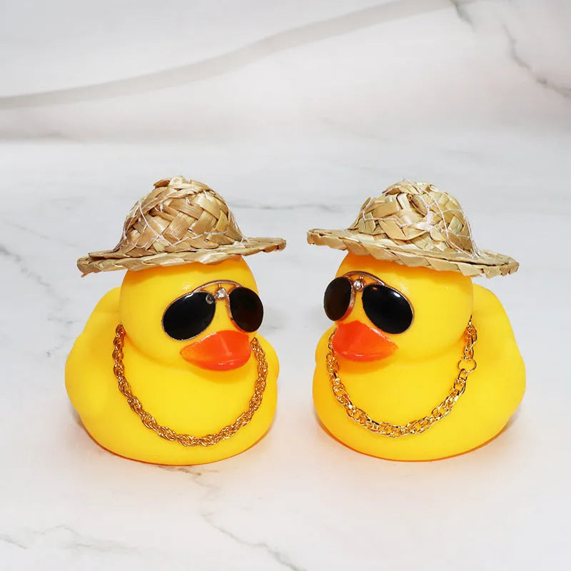 Straw hat yellow duck car dashboard ornament with matte finish and included accessories