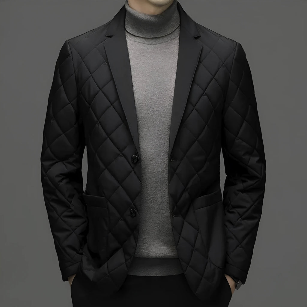 Men's solid colour down jacket with lapel collar and side seam pockets in winter cardigan style