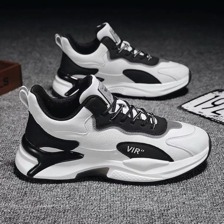 Black white lace-up sneakers for men with synthetic leather upper and mesh lining