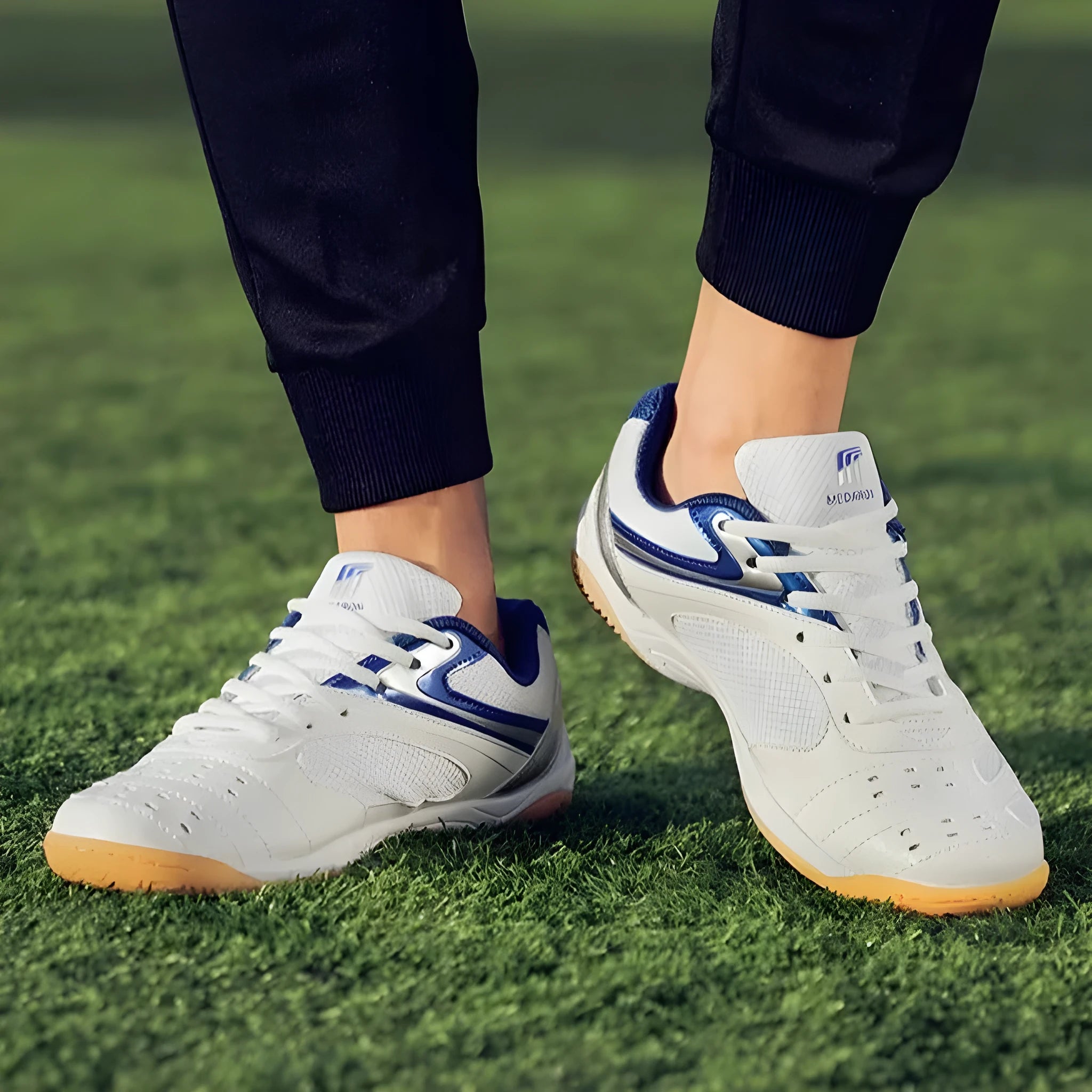 White and blue table tennis shoes with mesh panels and rubber sole on a court surface.