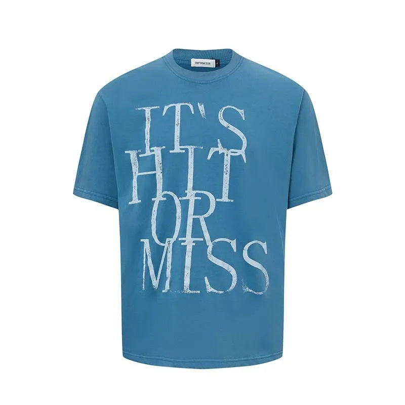 Men's white American retro letter printed cotton blend t-shirt loose fit