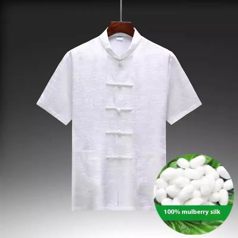 Men's Chinese style Tang suit in mulberry silk fabric available in three colours with traditional woven construction