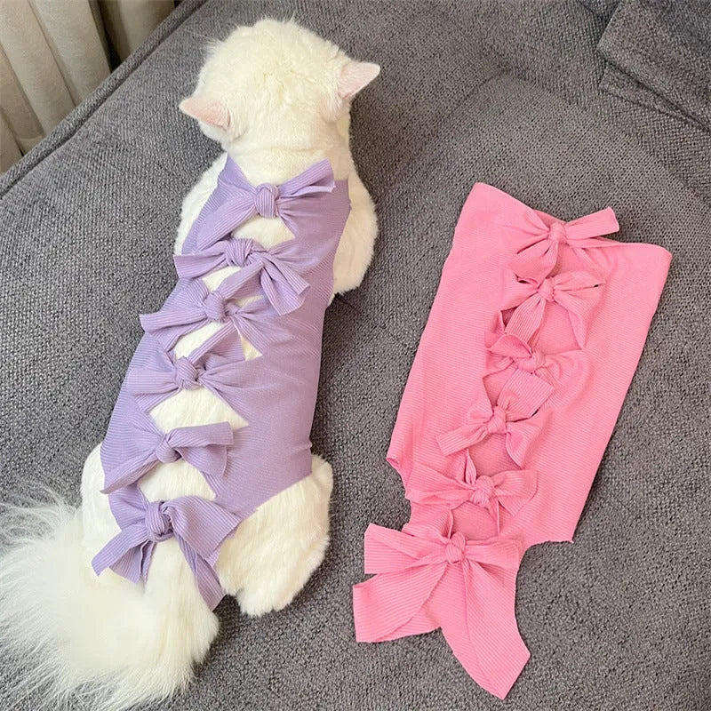 Lace-up polyester cat recovery suit in blue colour shown on a model, size L for cats 6-9kg.