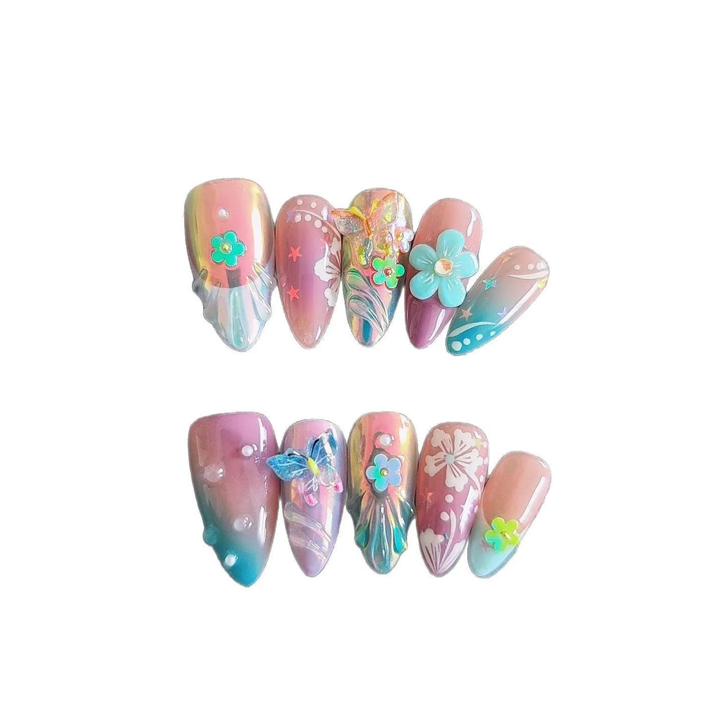 Handmade colourful embossed floral and butterfly nail art sculptures in sizes XS, S, M, L.