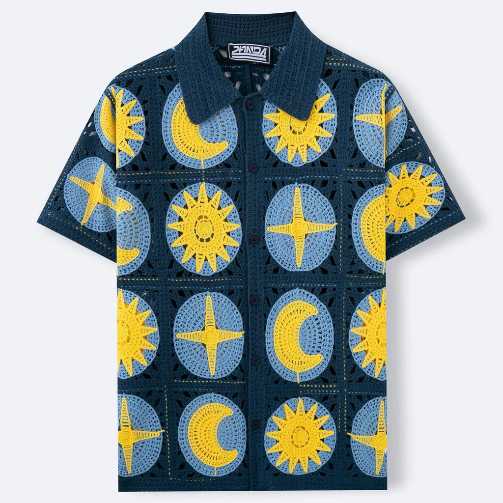 Men's navy blue short-sleeved cardigan with a raised cartoon flocking pattern on the front.