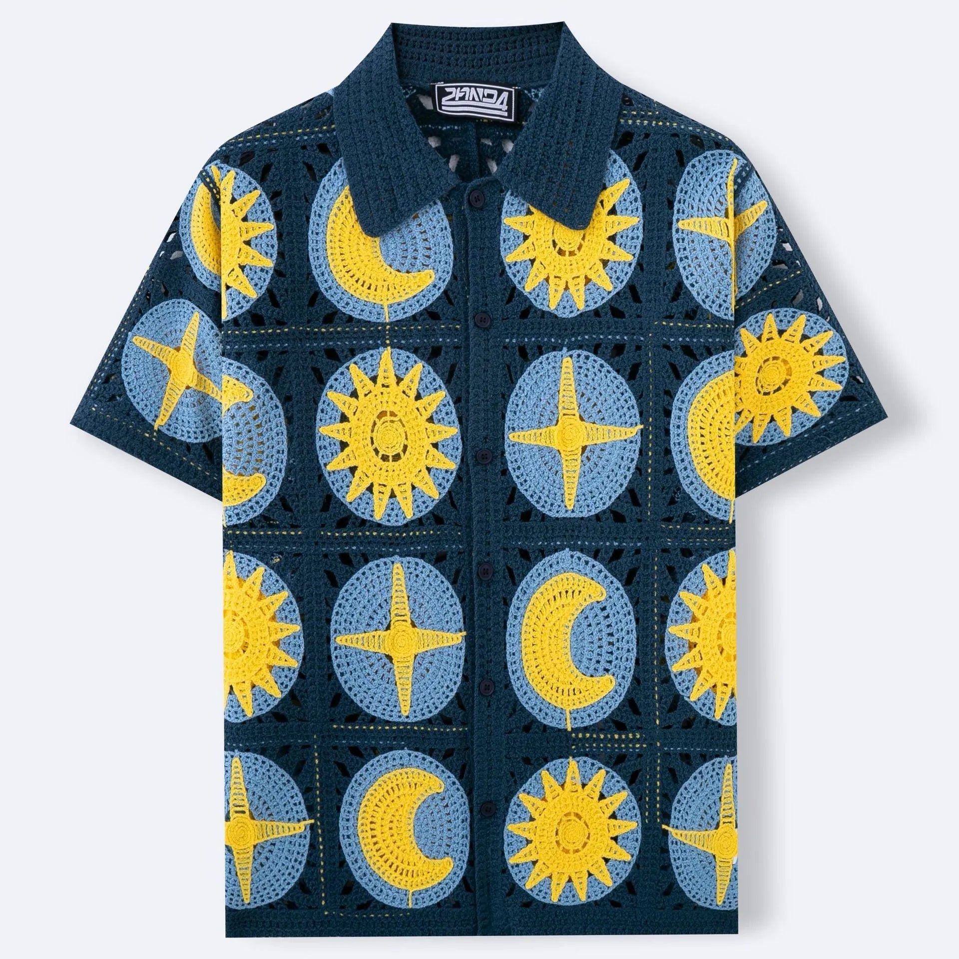 Men's navy blue short-sleeved cardigan with a raised cartoon flocking pattern on the front.