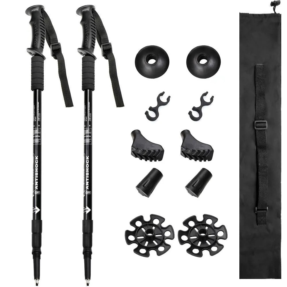Adjustable aluminium alloy trekking poles with three straight handles and complete accessory set including foot covers and snow holders