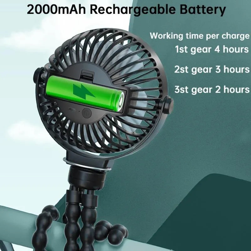 Black flexible tripod clip on USB fan with 2000mAh battery, shown with legs extended.