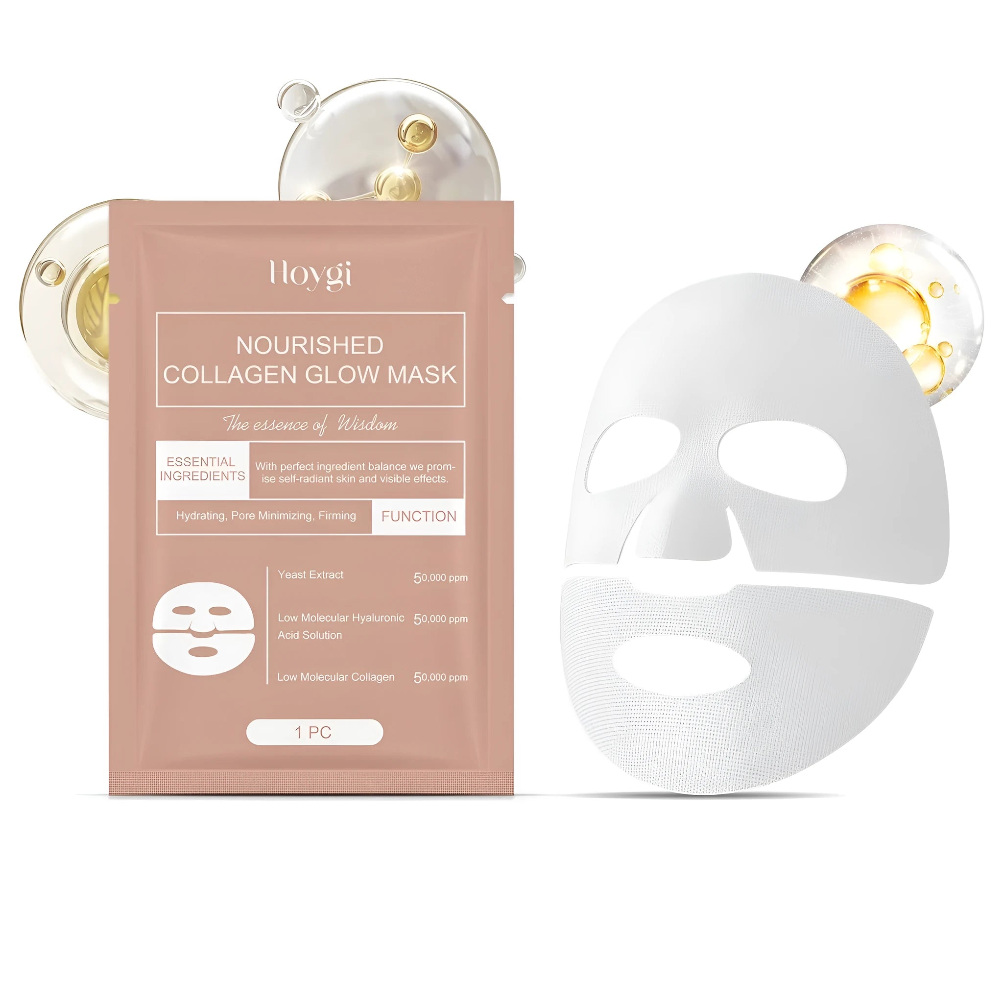 Single-use facial sheet mask containing collagen and hyaluronic acid serum on a white background.