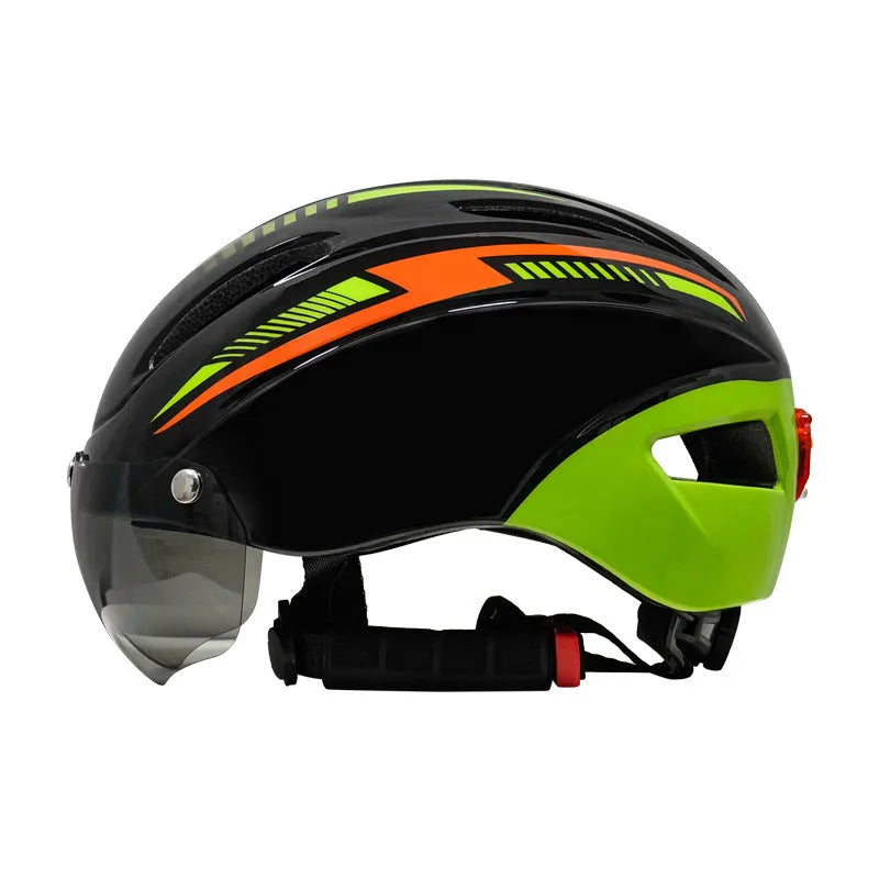 Adult bicycle helmet with integrated red taillight on the rear, shown in a black and blue colour variant.