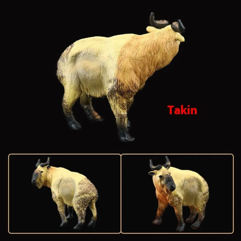 Plastic simulation animal toy model of a takin, 10.5cm tall, in natural colour finish, on a white background