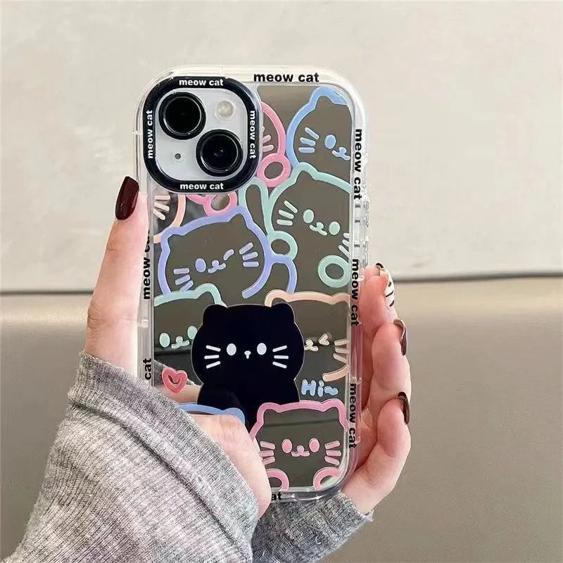 Linear cat pattern cosmetic mirror phone case with sticker for Apple 14 Pro, shockproof PC material