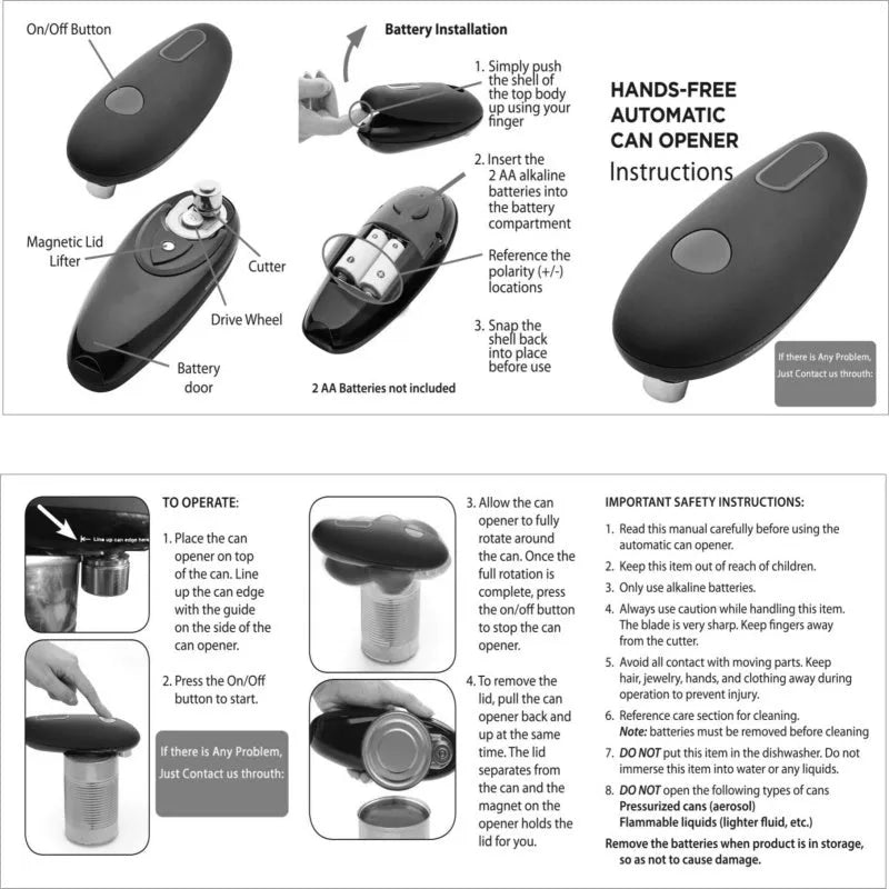 Black plastic electric can opener for one-touch opening of cans, jars, and bottles.