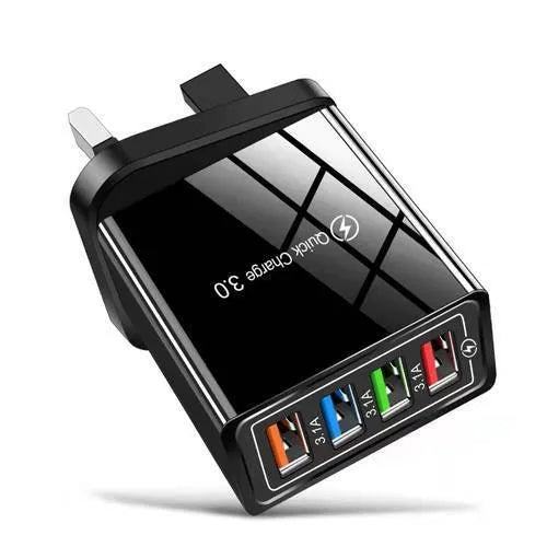 Black and white multi-port USB wall charger with luminous light indicator and UK three-pin plug